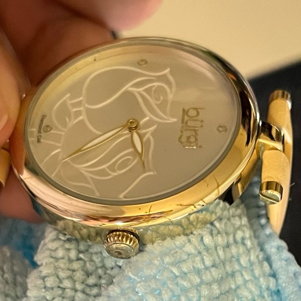 Women's Burgi Flower Engraved Diamond Dial Genuine Leather Strap Watch with box - Picture 13 of 16